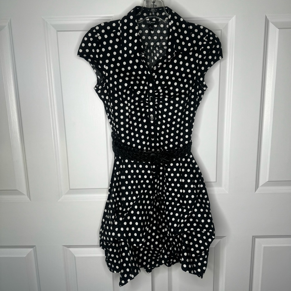 IZ Byer Black and White Polkadot Dress Size S with Cap Sleeves